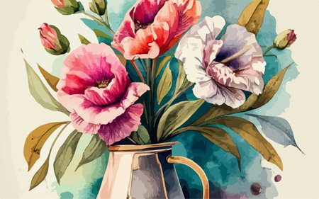 Bouquet of flowers in a vase on a watercolor backgroundのイラスト素材