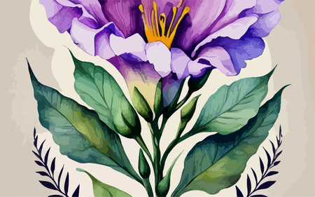 Illustration of a purple flower with green leaves on a light backgroundのイラスト素材