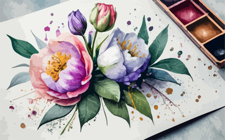 Hand drawn watercolor illustration of peony flowers and paintbrushesのイラスト素材