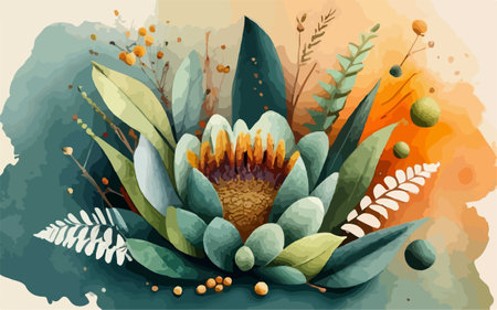 Flower composition with protea, leaves and branches. Vector illustrationのイラスト素材