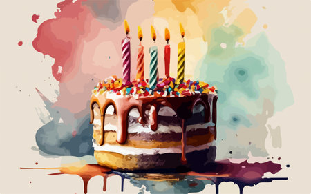 Birthday cake with candles on colorful watercolor background. Vector illustration.のイラスト素材