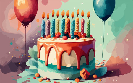 Birthday cake with candles, balloons and confetti. Vector illustration