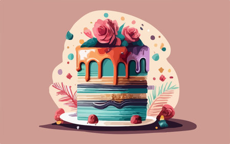 Vector illustration of a birthday cake with flowers and leaves. Flat style.のイラスト素材