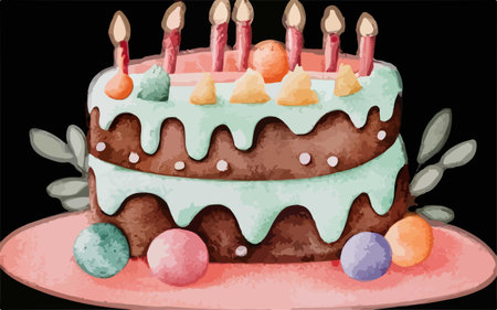 Illustration of a birthday cake with candles and eggs on a black background