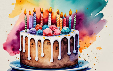 Birthday cake with candles and multicolored sweets on watercolor background