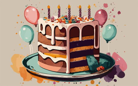Birthday cake with candles and balloons on a plate. Vector illustration.