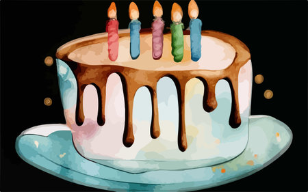 Illustration of a birthday cake with candles on a black background.