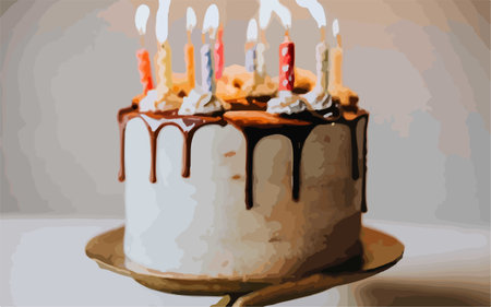 Illustration of a birthday cake with candles on a light background.