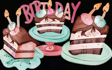 Birthday cake with ice cream on black background. Watercolor illustration