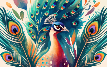 Peacock with feathers on a light background. Vector illustration.のイラスト素材