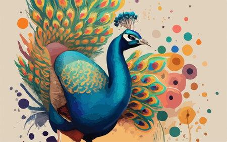 Beautiful peacock on colorful background with spots. Vector illustration.のイラスト素材