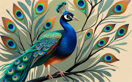 Peacock on a branch of a tree. Illustration.のイラスト素材