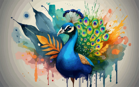 Colorful peacock with feathers on grunge background. Vector illustrationのイラスト素材