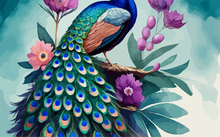 Beautiful peacock on a branch with flowers. Vector illustration.のイラスト素材