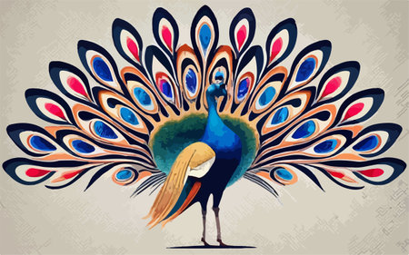 Peacock with colorful feathers. Vector illustration in retro style.のイラスト素材