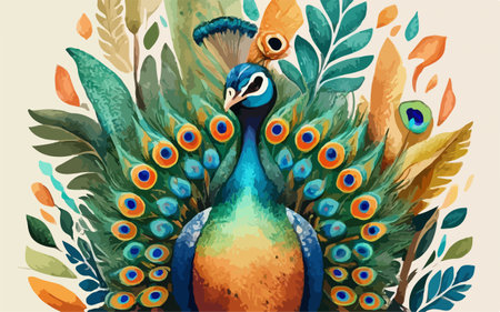 Peacock with peacock feathers and flowers. Vector illustration.のイラスト素材