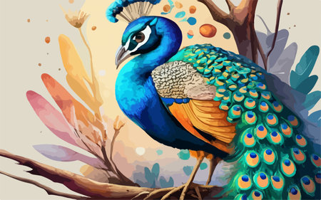Peacock on a branch in the jungle. Colorful illustration.のイラスト素材