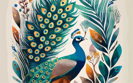 Peacock. Hand drawn watercolor painting. Vector illustration.のイラスト素材