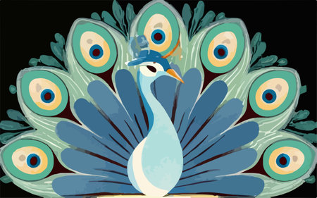 Peacock. Vector illustration. Isolated on black background.のイラスト素材