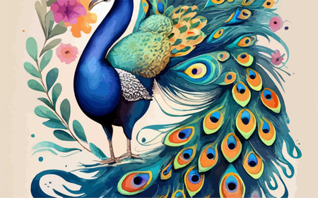 Peacock with a peacock on the background of flowers.のイラスト素材