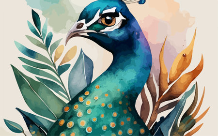 Peacock. Hand drawn watercolor background. Vector illustration.のイラスト素材