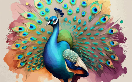 Peacock with colorful feathers on a colorful background, vector illustrationのイラスト素材