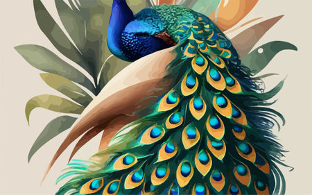 Beautiful peacock on the background of palm leaves. Vector illustrationのイラスト素材