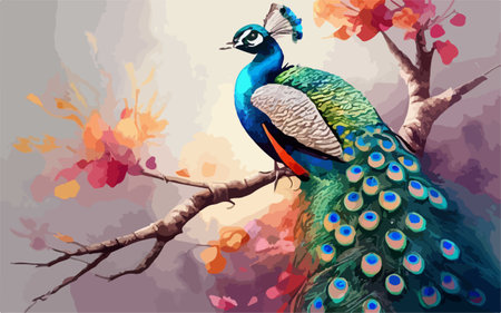 Peacock on a tree branch. Beautiful peacock. Vector illustration.のイラスト素材