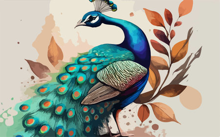 Peacock with colorful feathers on autumn background. Vector illustration.のイラスト素材