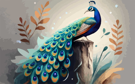 Peacock on a tree stump. Illustration for your designのイラスト素材