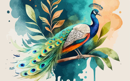 Colorful peacock bird on watercolor background. Vector illustration.のイラスト素材