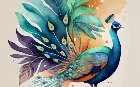 Beautiful peacock with feathers on watercolor background, vector illustrationのイラスト素材