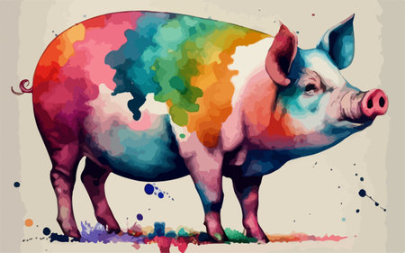 Pig painted with watercolors on a paper background. Vector illustration.のイラスト素材
