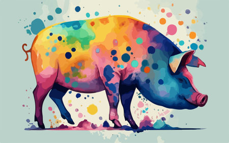 Colorful watercolor pig. Vector illustration of a pig on a colorful background.のイラスト素材
