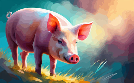 Illustration of a pig on a background of the summer landscape.のイラスト素材