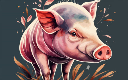 Vector illustration of a pig on a background of leaves and flowers.のイラスト素材