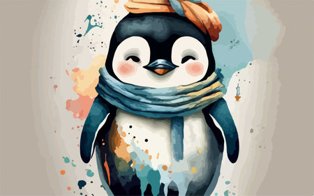 Cute penguin with scarf on his head. Vector illustration.のイラスト素材