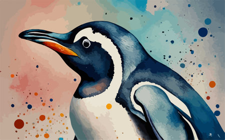 Illustration of a penguin on a watercolor background with splashesのイラスト素材
