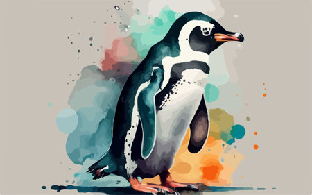 Illustration of a penguin on a watercolor background with splashesのイラスト素材