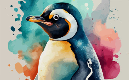 Watercolor penguin on watercolor background. Hand drawn illustration.のイラスト素材