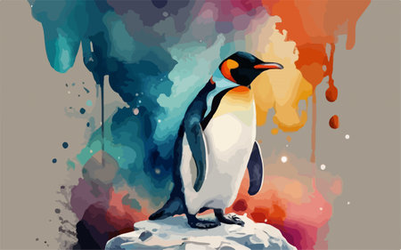 penguin on the rock with splashes of paint vector illustrationのイラスト素材