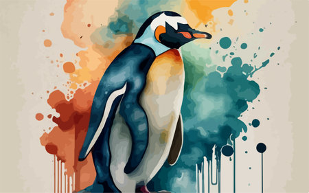 Vector illustration of a penguin on a background of watercolor splashesのイラスト素材