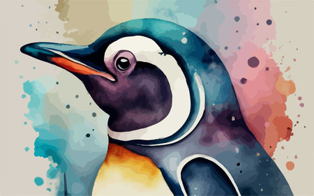 Illustration of a penguin with watercolor splashes in the backgroundのイラスト素材