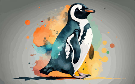 Penguin with watercolor splashes. Hand drawn vector illustration.のイラスト素材