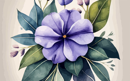 Illustration of a blue flower with green leaves on a light backgroundのイラスト素材