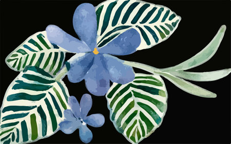 Hand drawn watercolor illustration of blue flower with green leaves on black backgroundのイラスト素材