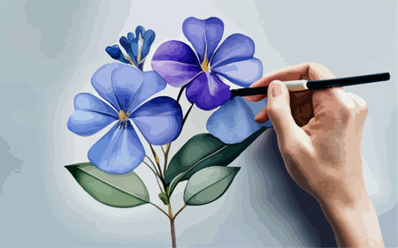 Flower painting with a brush. Vector illustration of hand drawing blue flowers.のイラスト素材