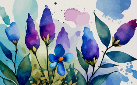 Watercolor floral background with blue iris flowers. Vector illustration.のイラスト素材