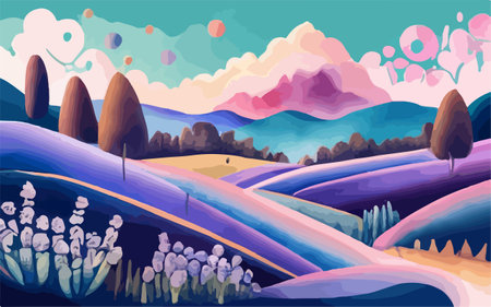 Landscape with lavender field, mountains and sky. Vector illustration.のイラスト素材