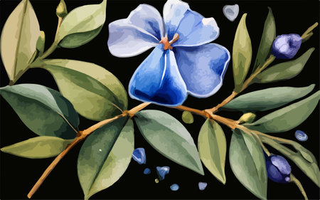 Beautiful blue flowers on a black background. Watercolor illustration.のイラスト素材